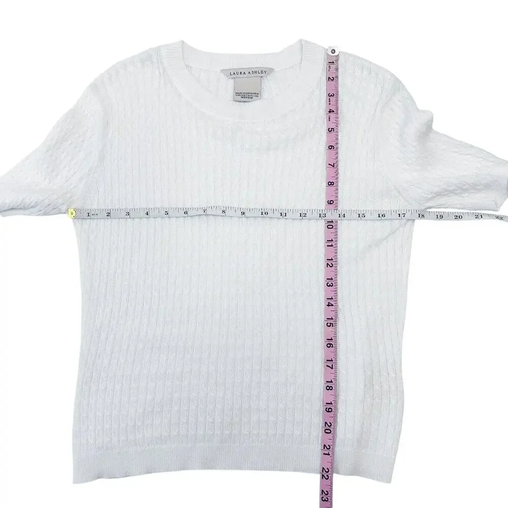 LAURA ASHLEY Vintage Short Sleeve White Cable Knit Cotton Sweater White Medium - Picture 12 of 14